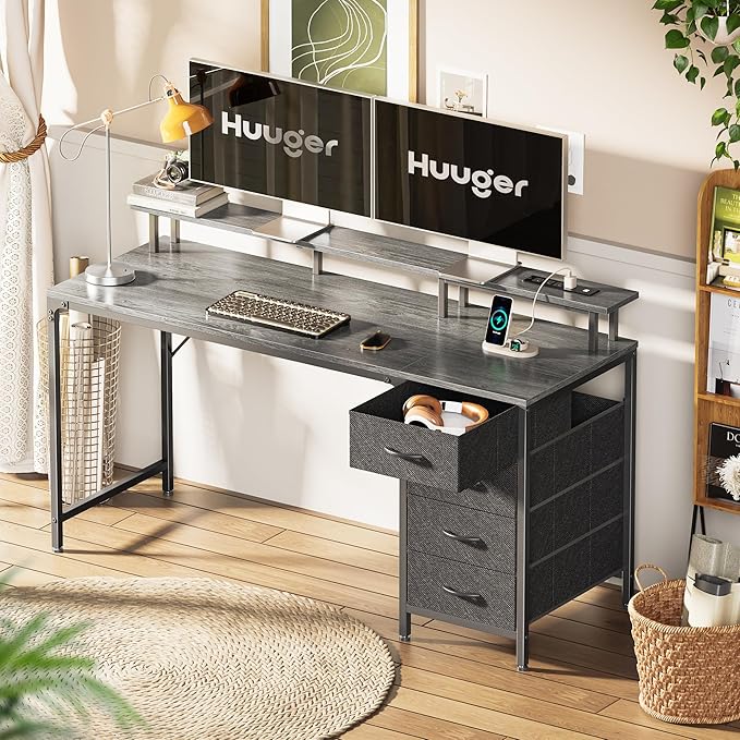 Huuger 55 Inch Computer Desk with Power Outlets and LED Lights Gaming Desk with 4 Drawers Office Desk with Monitor Stand Study Work Home Office Gray