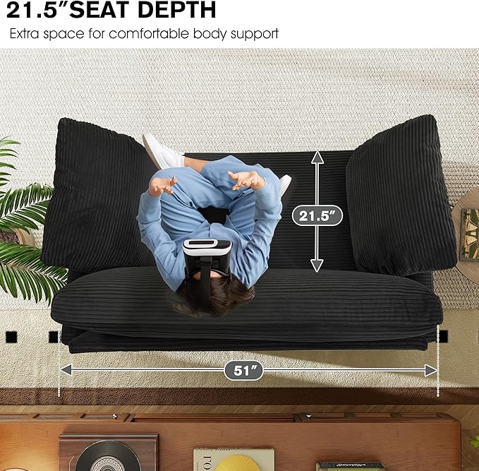51 Loveseat Sleeper Sofa Bed Corduroy Convertible Floor Sofa Bed for Small Spaces Folding Couch Bed with Deep Seat 2 Pillows &amp Solid Frame Pull Out Floor Couch for Living Room Black