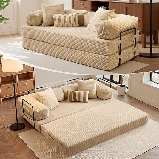 81″ Convertible Sleeper Sofa Bed with Pillows Corduroy Foldable Mattress Couch with Fixed-Shape Frame Futon Sofa Bed Boneless Couch for Living Room Bedroom Lounge Studio Beige