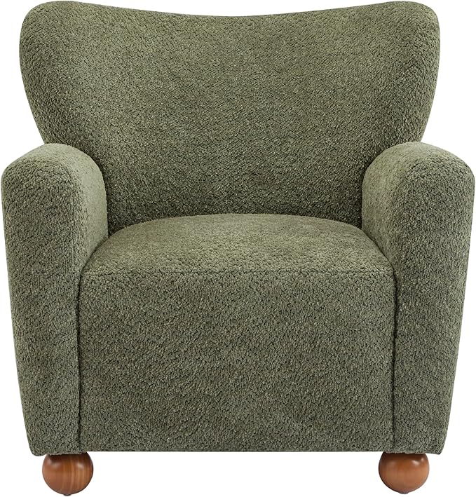 Christopher Knight Home Lindy Wingback Accent Chair Upholstered Armchair with Rounded Wooden Legs Curved Backrest Single Sofa Soft Cushion Seating Comfy Lounge Chair for Living Room Olive Green