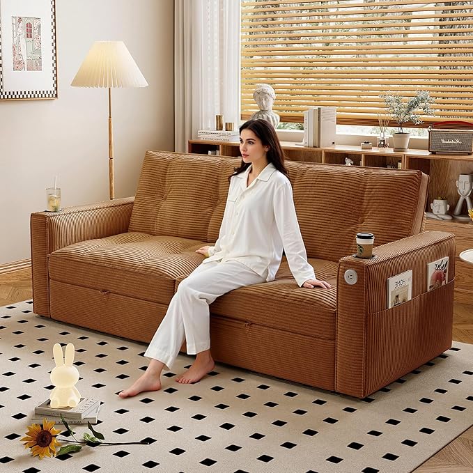 Queen Sofa BedConvertible Loveseat Sleeper SofasCouch with Pull Out BedPullout Couch Bed for Small SpaceQueen Sleeper Sofa Couches for Living RoomApartment &amp Guest Room Orange | USB Port Cup