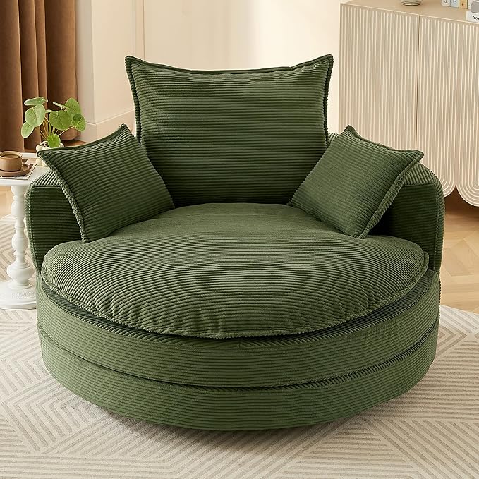 360° Swivel Sofa Chair with Dual-Layer Cushion Design 57.5 Swivel Round Accent Barrel Chair with 3 Removable Pillows for Living Room Office and Hotel (Green//261)