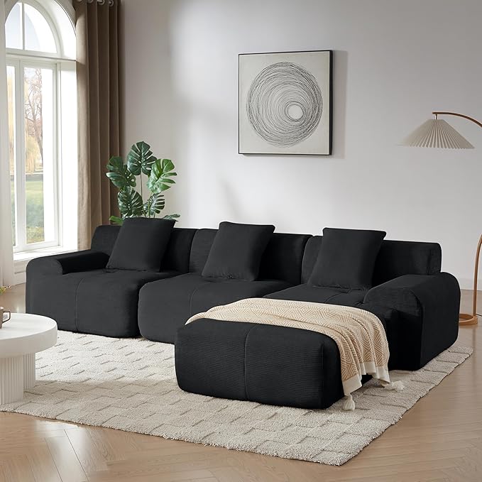 113 Cloud Compressed Modular Sectional Sofa Boneless Couch for Living Room Modern Corduroy Upholstered L-Shaped Corner Couch with Reversible Ottoman for Apartment | Deep Seat Wider Armrest Free Co