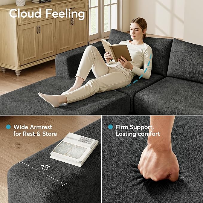 Cloud Boneless Modular Sectional Sofa 69 Modern Chenille Couch for Living Room Convertible L-Shaped Sleeper Sofa Bed with Ottoman Deep Seat Cloud Couch Sectional No Assembly RequiredGray