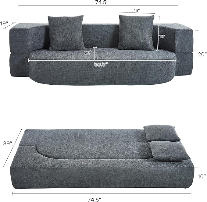 Folding Sofa Bed Convertible Futon Sleeper Bed 2-in-1 Foldable Floor Mattress with 2 Pillows Breathable High-Density Foam Lazy Couch Comfy Lounge Chair Twin Size Dark Gray
