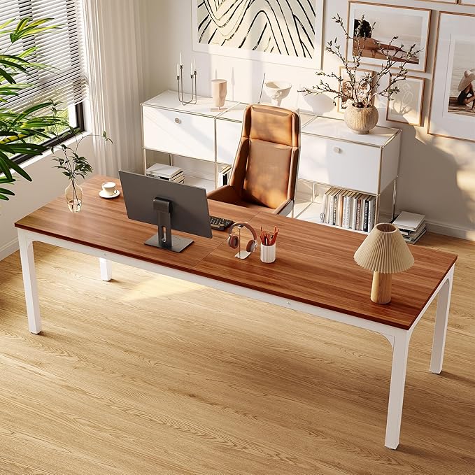 LITTLE TREE 78.7-Inch Ultra Long Double Desk Writing Gaming Work Computer Two-Person Desk for Home Office Walnut + White