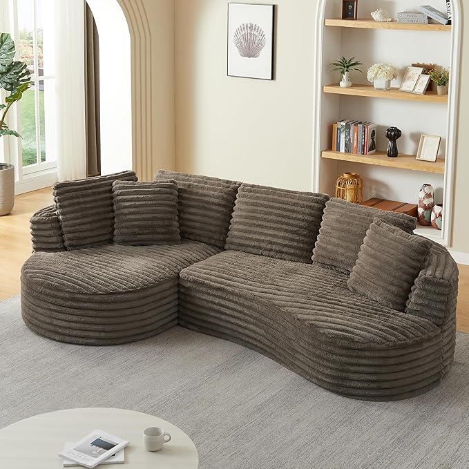 Modern Boneless Curved Sectional Sofa Oversized Minimalist L-Shape Corduroy Sponge Sofa with Round Chaise Comfy Sleeper Couch for Living Room Apartment Reception Spaces 4 Seat Brown Left Chaise