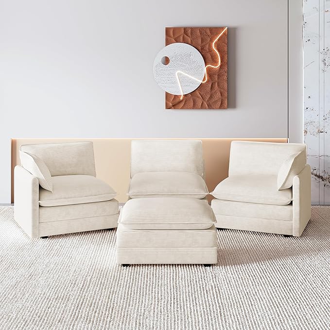 ROWHY 112'' Oversized Modular Sectional Cloud Couch with Movable Ottoman 4 Seat Modern Corduroy Sofa Deep Seat L Shaped Couch for Living Room Bedroom Apartment Cream