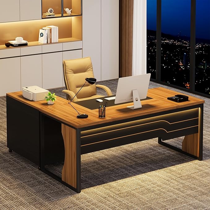 L Shaped Executive Computer Desk with Mobile File Cabinet and LED Light 63 inch Large Office Table Business Furniture with Storage and Drawers for Home Office Dark Walnut