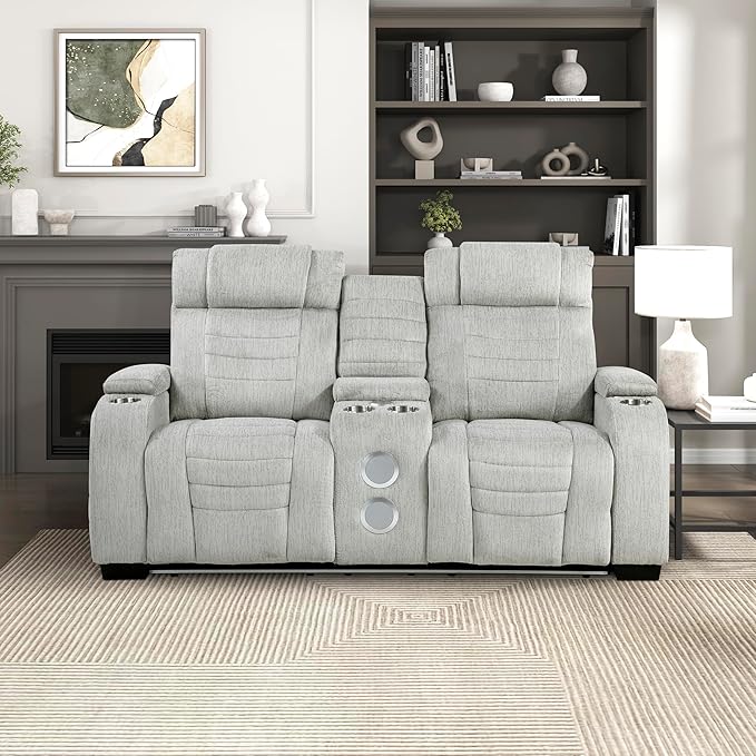 Lexicon Wall Hugger Manual Double Reclining Loveseat with Console Microfiber Home Theater Seating with Cup Holders/Hidden Arm Storage/Wireless Speakers/LED Base Lighting for Living Room Light Gray