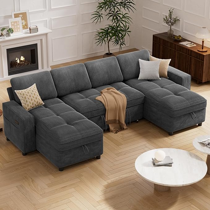 Vipbear 105 Chenille Sectional Sleeper Sofa Bed with Pull Out Bed U Shaped Couch Sleeper Sofa Bed Pull Out Couch with Reclining Backrest Double Storage Chaise USB Ports Tool-Free Assembly Grey
