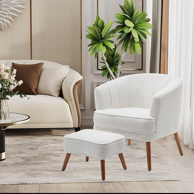 Accent Chairs with Ottoman for Living Room Bedroom Office Sherpa Upholstered Single Sofa Chair Arm Chair Comfy Chair Reading Club Coffee Chair with Metal Legs White