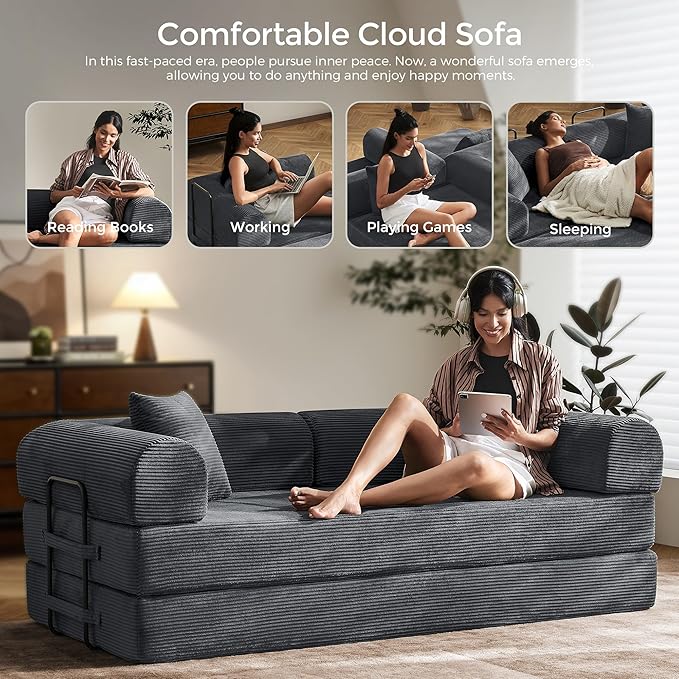 79 Floor Sofa Bed 5-in-1 Convertible Sleeper Sofa with Removable Armrests Corduroy Fabric Sofa Couch No Assembly Required for Living Room Dorm Studio (Dark Gray)