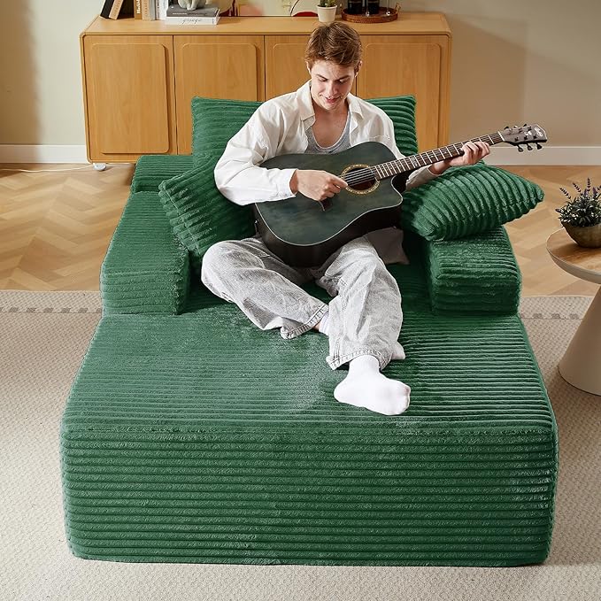 50 Oversized Chaise Lounge Chair IndoorCorduroy Boneless Reading Chair with 3 PillowsDeep Seat Cloud Sofa BedComfy Modern Sleeper Chairs in Box for Living Room BedroomNo Assembly(Green)