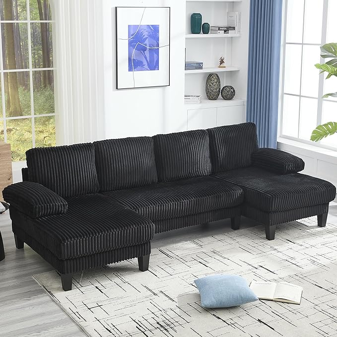 114.2 Beige Sectional Couches for Living Room U Shaped Couch with Double Chaise Modern Comfortable Plush Corduroy 4-Seat Cloud Sofa Set with Chenille Fabric for Home Furniture (Black)