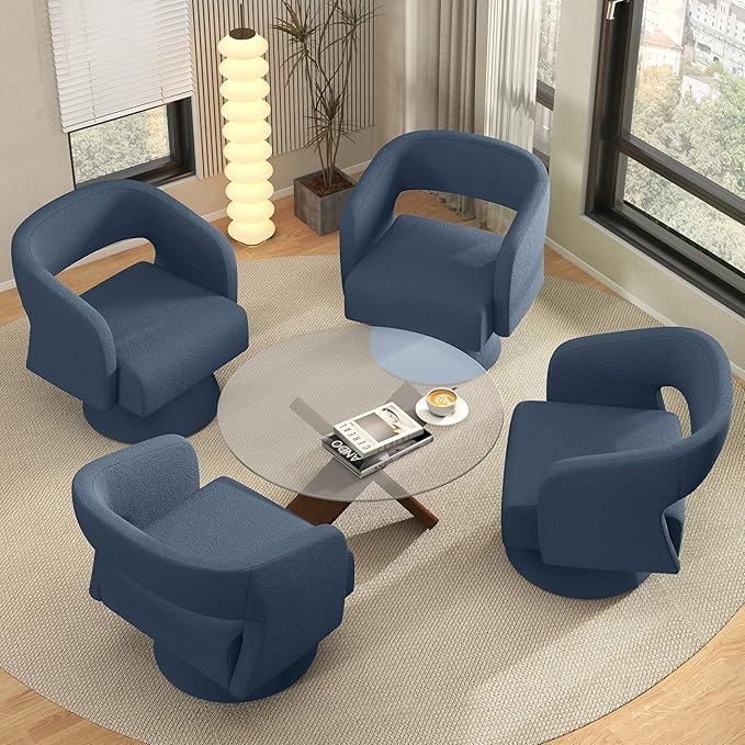 Swivel Barrel Accent ChairOversized Teddy Upholstered Round Swivel ChairModern Luxury 360 Degree Living Room Vanity Chair for Bedroom OfficeBlue4PCS