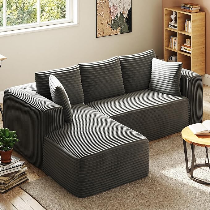 No-Assembly Cloud Sectional Sofa with L-Shaped Chaise Modern Modular Design for Living Room Features Deep Seat and Plush Corduroy Fabric Effortless Setup for Instant ComfortGrey