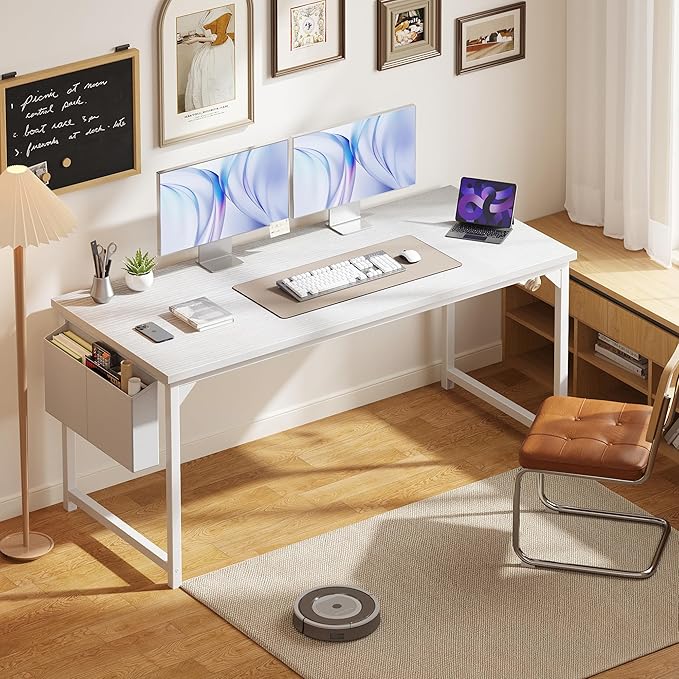 OLIXIS Computer Desk 63 Inch Home Office Desks for Small Spaces Gaming Writing Study Work Table with Storage Bag and Headphone Hook for Bedroom White