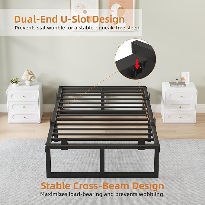 Twin XL Bed Frame 14 Inch Metal Platform Bed Frames with Squeak Free U-Slot Design 6 Non-Slip Guards 3500lbs Heavy Duty Steel Slat Support No Box Spring Needed Under Bed Storage Black