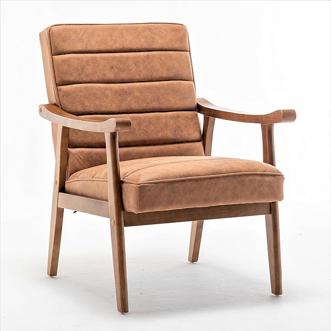 Unique Mid Century Modern Accent Chair with Open-Framed Armchair Design Plush Foam Cushioning and Leather-Look Microfiber Seat and Back Cushions Brown