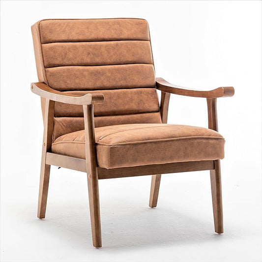 Unique Mid Century Modern Accent Chair with Open-Framed Armchair Design Plush Foam Cushioning and Leather-Look Microfiber Seat and Back Cushions Brown
