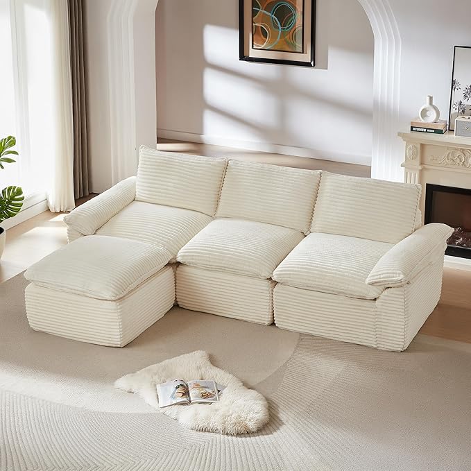 KEIKI 111 L-Shaped Oversized Corduroy Modular Sectional Sofa with 1 Ottoman &amp High-Density Foam Cushion &amp Pillows Upholstered Modern Cloud 3-Seater Couch Easy Assembly for Living Room Whi