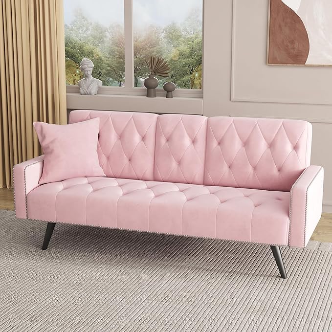 70” Velvet Futon Sofa Bed with 2 Cup Holders Convertible Sleeper Bed Modern Loveseat for Living Room Bedroom Pink