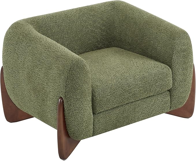 Christopher Knight Home Holly Modern Boucle Fabric Upholstered Club Chair for Living Room Home Office Apartment Relaxing Chair with Removable Cushion and Birch Wood Legs Olive Green+Walnut