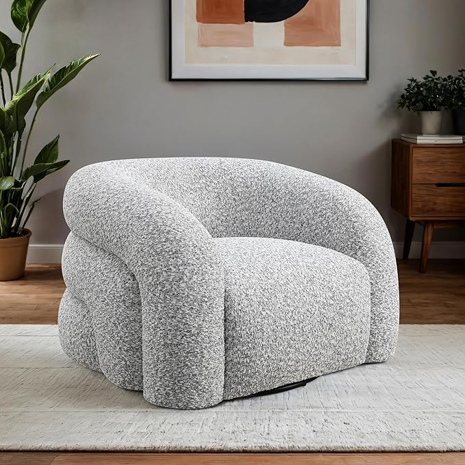 Furniture of America Araina Modern Boucle 37.4-inch Swivel Chair with 360-degree Swivel Base Sculptural Pillow-Like Silhouette for Living Room Office Cloud Gray