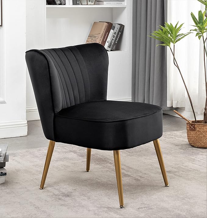 Modern Velvet Accent Chair for Living Room Bedroom or Entryway Stylish and Comfortable Armless Design with Metal Legs Black