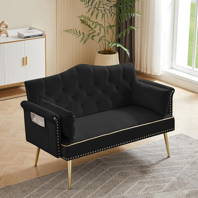 Velvet Loveseat SofaSmall 2 Seater Couch with Nailhead Trim and Side Pockets for Living Room Apartment (Black)