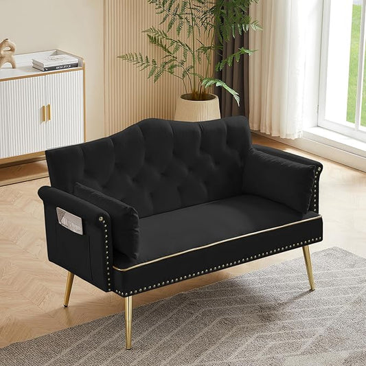 Velvet Loveseat SofaSmall 2 Seater Couch with Nailhead Trim and Side Pockets for Living Room Apartment (Black)