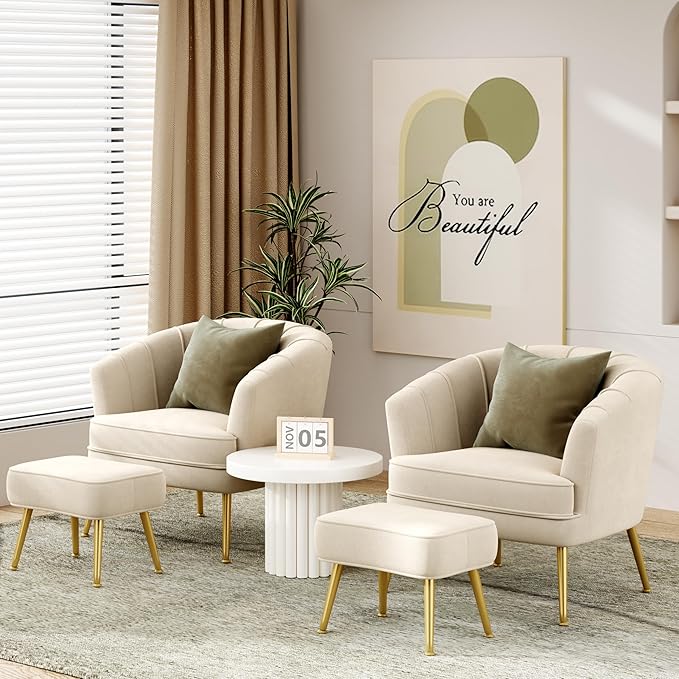 Velvet Accent Chairs with Ottoman for Living Room Bedroom Office Leisure Upholstered Single Sofa Chair Arm Chair Comfy Chair Reading Club Coffee Chair with Metal Legs Beige