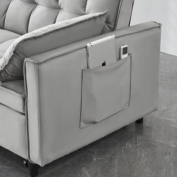 55 Modern Velvet Loveseat Sleeper Sofa 3-in-1 Convertible Pull-Out Bed with Adjustable Backrest 2 Pillows &amp Side Pockets Small Pull Out Couch for Living Room Apartment(Gray)