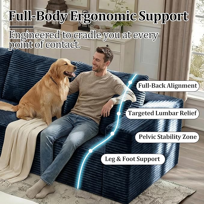 92.5'' L-Shaped Cloud Modular Sectional Sofa Modern Corduroy Memory Foam Couch with Left Facing Chaise Lounge Upholstered Boneless Deep Seat Fluffy Sofa No Assembly Needed for Home Navy Blue