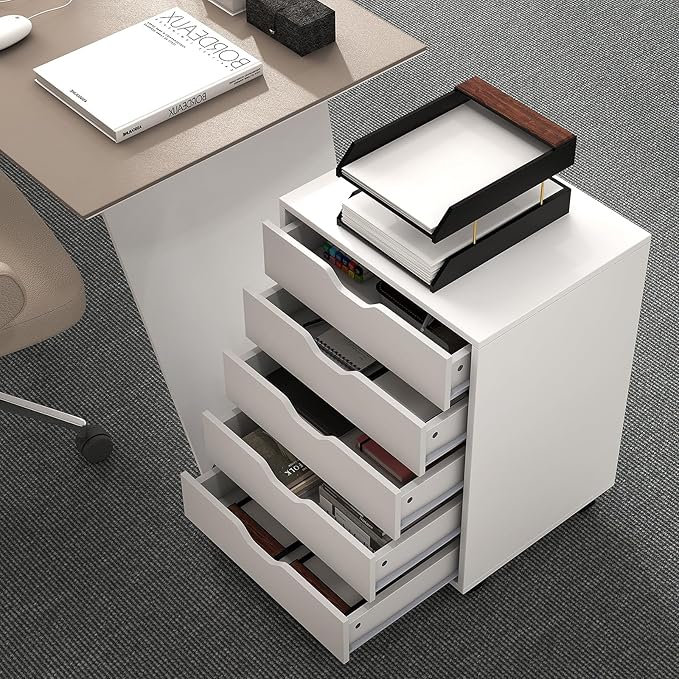 5 Drawers File Cabinet Vertical Filing Cabinet for Home Office Mobile Under Desk Office Storage Cabinet with Wheels Modern Chest of Drawers for Bedroom (White 5 Drawers)