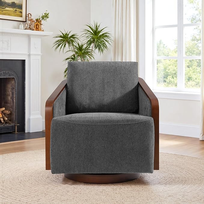 360° Swivel Barrel Chair Upholstered Swivel Round Barrel Chair Comfy Chenille Fabric Single Club Armchair Accent Chair for Living Room Reading Room Bedroom Dark Gray