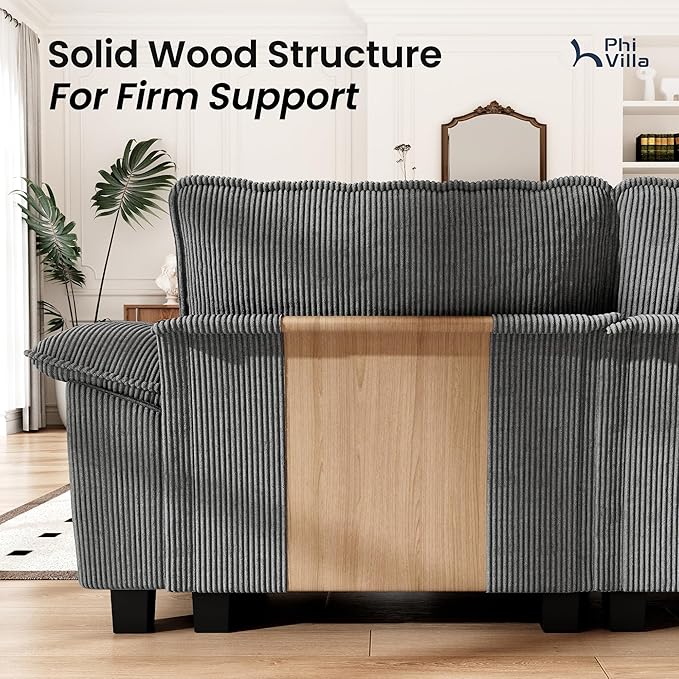PHI VILLA Cloud Modular Couch Sets 157.5 Sectional Sofa with L-Shaped Chaise 5-Seater Upholstered Couches with Movable Ottoman for Living Room Corduroy Fabric Grey