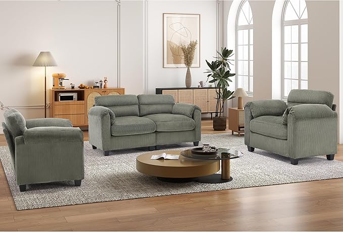 Corduroy Sofa Set Upholstered Armchair Set of 2 and Loveseat with Plush Cushions and Rolled Arms Modern Living Room Furniture SetsGreen
