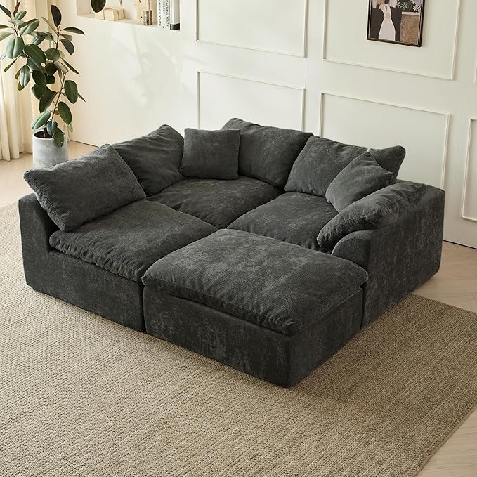 109 Cloud Sectional Couches for Living Room Convertible L-Shape Boneless Couch with Ottoman 3 Seater Compressed Sofa Modular Sectional Sofa (Black)