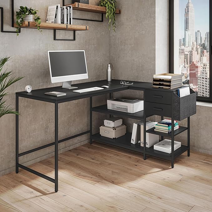 Techni Mobili Modern L-Shaped Desk with Storage Corner Computer Desk for Home &amp Office with 2 Drawers Open Storage Shelves Fabric Organizer &amp Sturdy Metal Frame Black