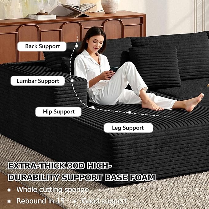 MoonSpeak 107 Sectional Boneless Couches for Living Room.Deep Seat Corduroy L Shaped Modular Sofa.Cloud Sectional Sofa.Upholstered Couches with Oversized Chaise(BlackLeft Chaise)