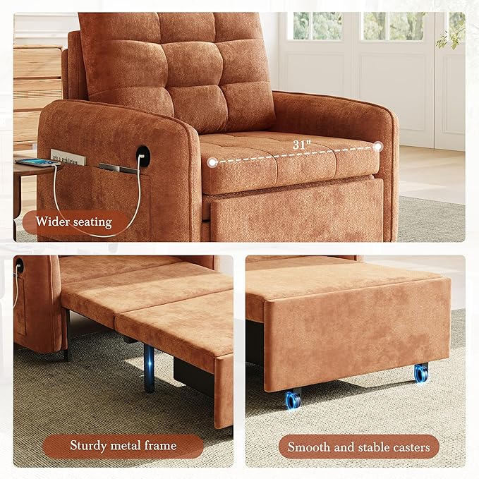 3-in-1 Convertible Sleeper Chair Bed Multi-Functional Chenille Single Sofa Bed with Storage Pockets and Box 80 Extra Long Pull Out Sleeping Lounge Chair for Living Room &amp Apartment (Orange35)