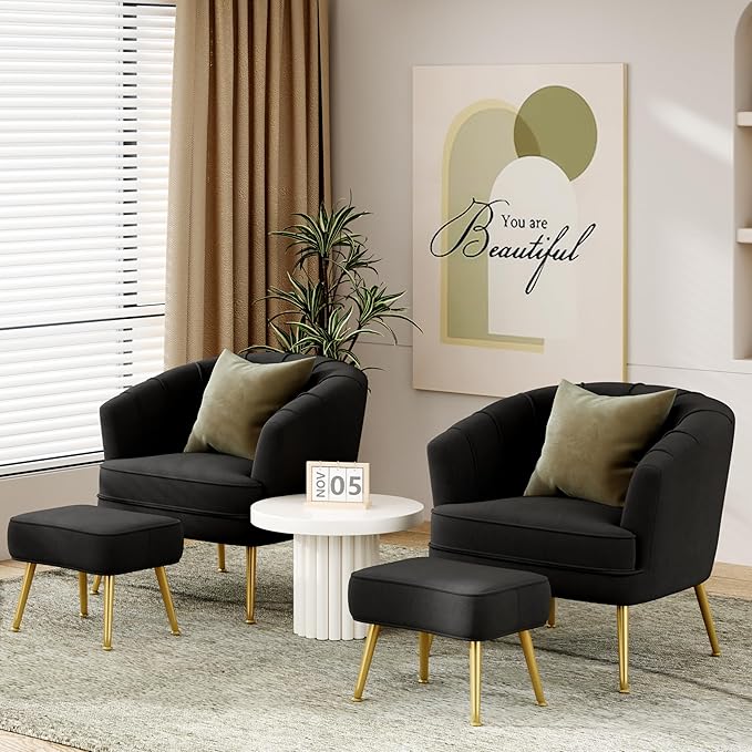 Velvet Accent Chairs with Ottoman for Living Room Bedroom Office Leisure Upholstered Single Sofa Chair Arm Chair Comfy Chair Reading Club Coffee Chair with Metal Legs Black