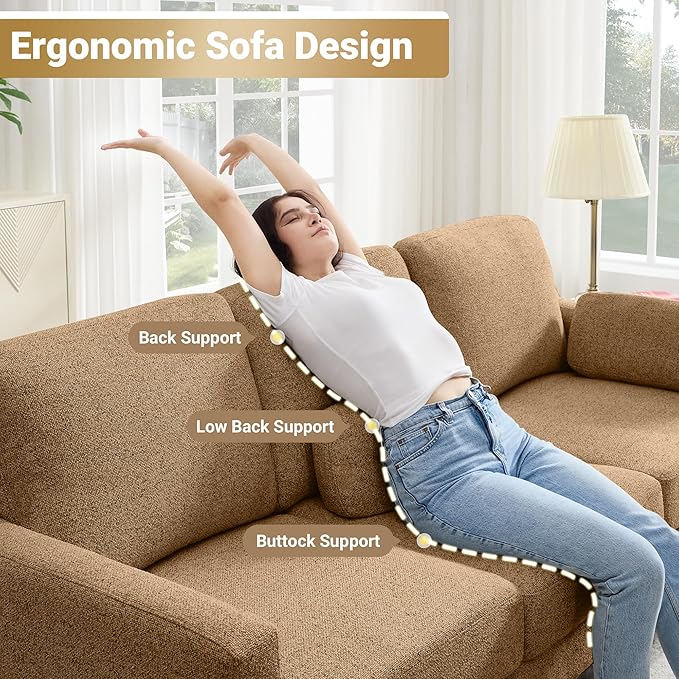 Tbfit 83.5 Linen Couch 3 Seater Mid Century Modern Sofa with Spring Cusions &amp Extra Deep Seat for Bedroom &amp Living Room Comfy Upholstered Couches Easy Assembly with Solid Wood Legs Ginger