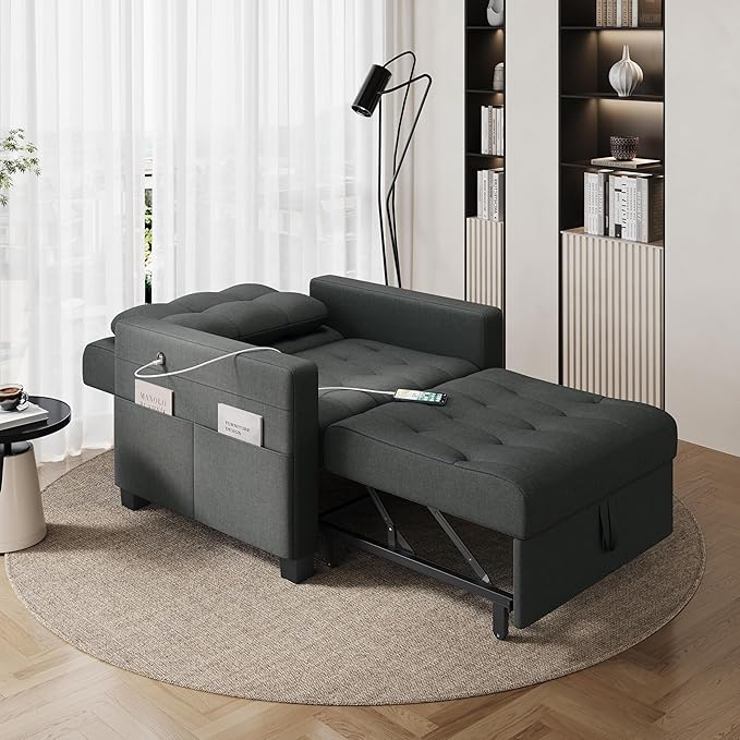 Yaheetech Sleeper Sofa Bed Convertible Chair Bed 3 in 1 Pull Out Sofa with Adjustable Backrest &amp USB and Type C Charging Ports for Living Room Office Bedroom Apartment Dark Gray