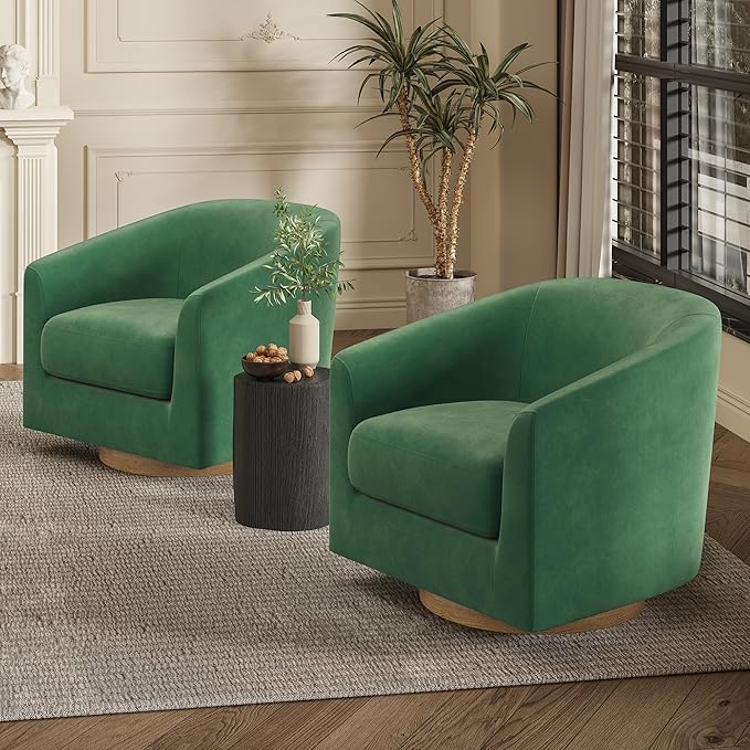 Swivel Barrel Accent Chair with Solid Wood Base Round Velvet Living Room Arm Chairs Modern Upholstered Comfty Reading Nook Chairs for Bedroom Club Armchair Single Sofa Side Chair Green
