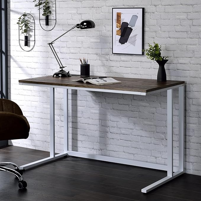 Walnut and White Writing Desk with USB Port - Spacious Rectangular Design - Open Base - for Home Offices &amp Bedrooms