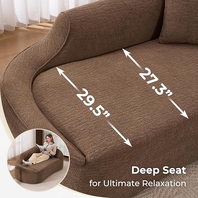 68 Curved Loveseat Sofa Modern Chenille Floor Couch with Pillow No Assembly Deep Seat Chaise Lounge for Bedroom Apartment Living Room Brown