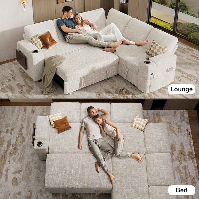 Vipbear 86 Modular Sectional Sleeper Sofa with Pull Out Bed 5 Seat Chenille L Shaped Couch with Reclining Backrest|USB Ports|Cup Holders|Side Table|Storage Seat Armrests Tool Free Assembly Beige